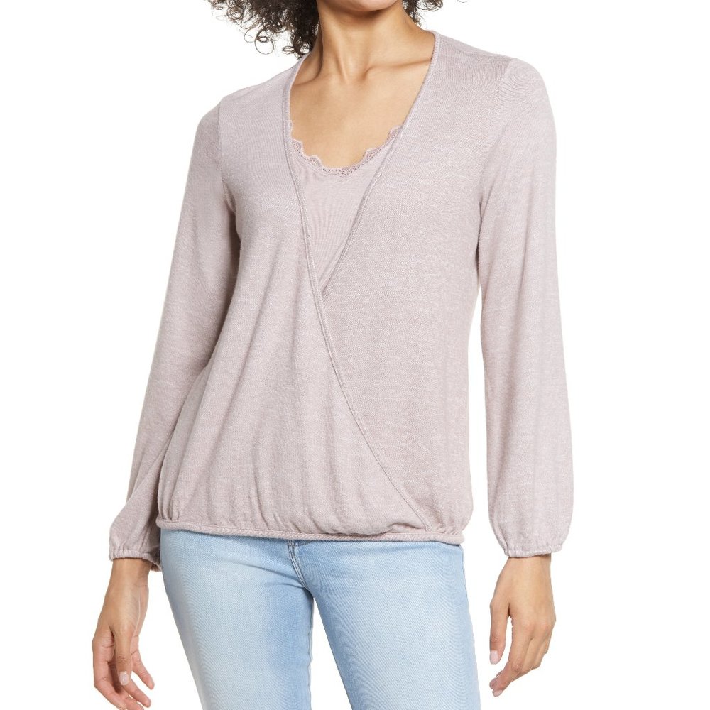 NWT Women's Bobeau Wrap Front Lace Trim LongSleeve Hacci Top Pink Sz XS $60 G200